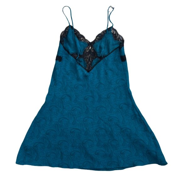 Victoria's Secret Gold Label Teal Paisley Black Lace Slip Chemise Medium Vintage - Picture 3 of 6